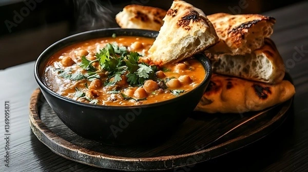 Fototapeta A bowl of steaming Moroccan harira soup filled with lentils, chickpeas, tomatoes, and warm spices, garnished with fresh cilantro and served with traditional Moroccan bread on the side