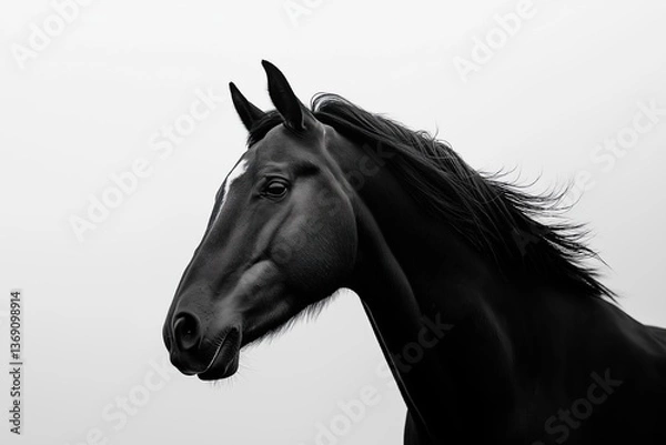 Fototapeta A black horse with a glossy coat, captured in a dramatic close-up against a white background