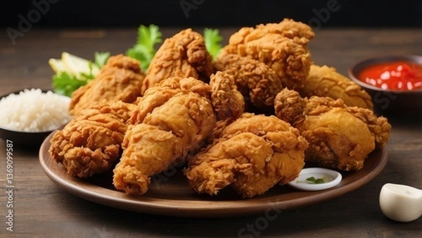 Obraz A close-up view of a black rectangular plate filled with crispy,