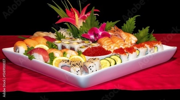 Fototapeta Vibrant Sushi Platter with Assorted Rolls and Sashimi