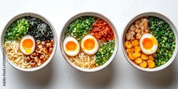 Obraz Three bowls of ramen noodles with soft boiled eggs and various toppings are waiting to be eaten