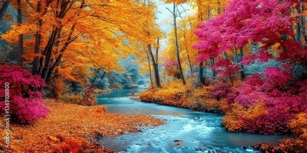 Fototapeta A vibrant autumn landscape showcasing colorful trees and a flowing river.