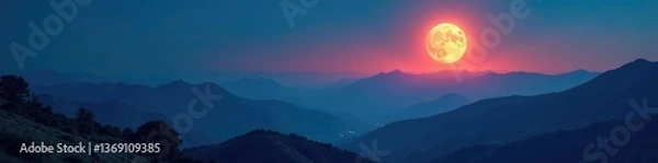 Fototapeta Full moon shining above rolling hills and mountains, sky, terrain, scenery