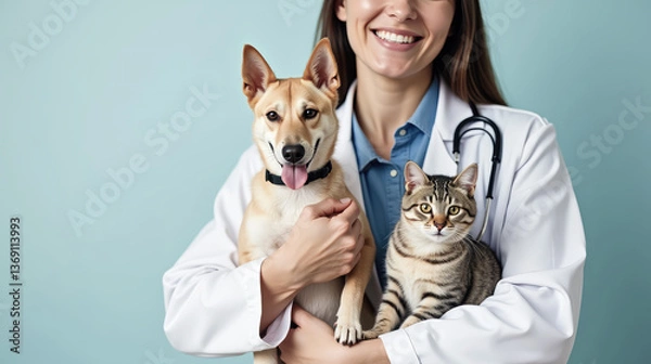 Obraz Smiling veterinarian with dog and cat in her arms