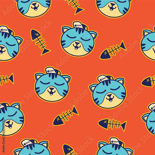 Obraz Expressive Doodle Kitty and Fishbone Hand-Drawn Pattern