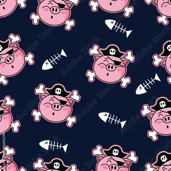 Obraz seamless pattern cute pirate pig and fish bone