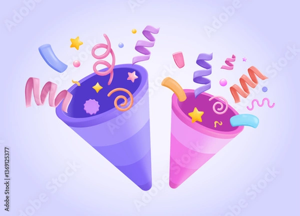 Fototapeta Colorful Confetti Poppers with Ribbons. Festive Firework Explosion for Party and Celebration. Vector 3d design concept. Three dimensional vector illustration for web, print, banner, landing page.