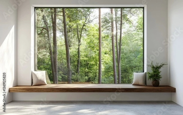 Obraz Modern minimalist interior with large window showcasing a tranquil forest view.  Wooden window seat