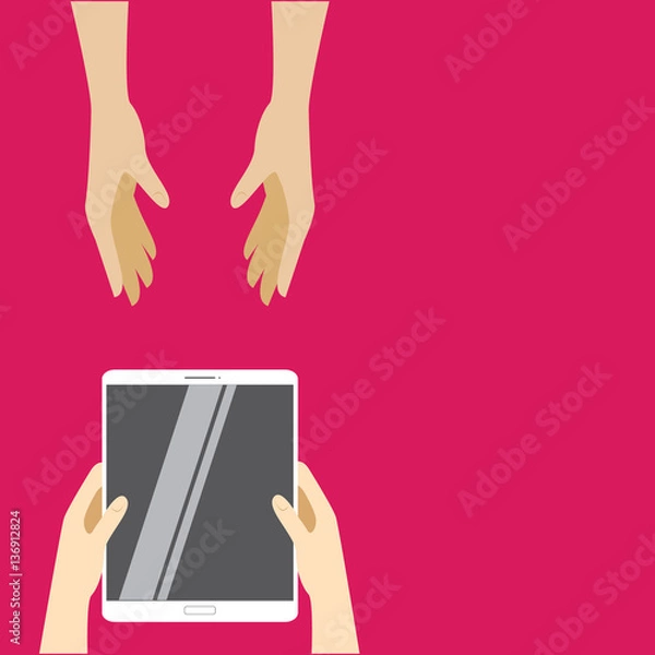 Fototapeta White tablet computer pass from hand to hand on a pink background. Vector illustration in flat design. The concept of web design, templates, promotion, infographics. vector illustration