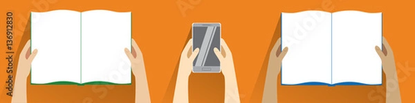 Fototapeta Hands holding open book and smartphone. Top view. Flat design modern vector illustration isolated on orange background. Reading concept