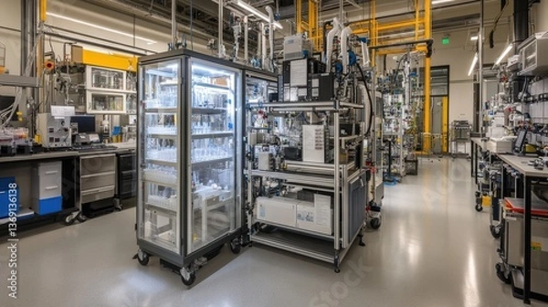 Fototapeta Modern chemistry lab interior with advanced equipment and machinery.  Clean, organized workspace showcasing scientific technology.