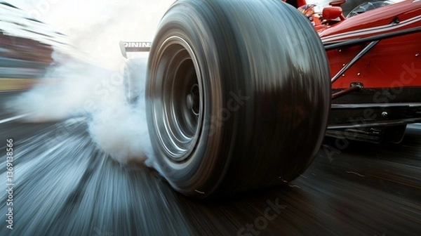 Fototapeta Formula race car spinning tires on track, smoking, blurred spectators in background, speed concept