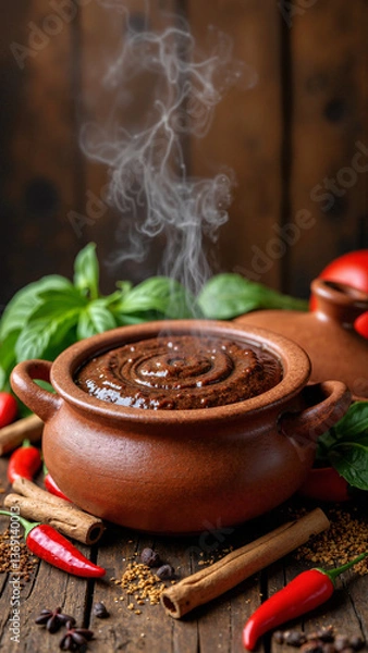 Fototapeta Rustic clay pot with authentic Mexican mole sauce and spices isolated on transparent background, ideal for food blogs, cookbooks, and spice brand ads    keywords:   clay, pot, Mexican, mole, sauce, 