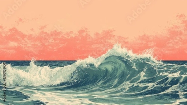 Fototapeta Vintage Pixelated Ocean Wave with White Crests Under Peach Sky Retro Style Illustration