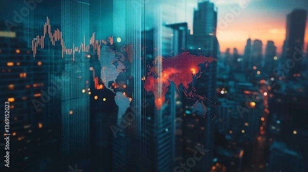 Fototapeta Double Exposure of Abstract Financial Graph with World Map on Office Buildings
