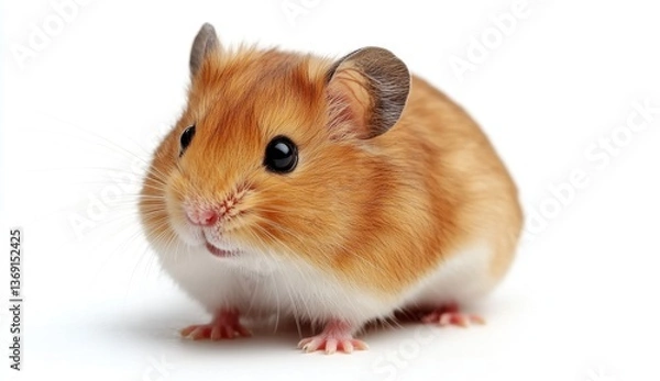 Fototapeta Golden Hamster Adorable Portrait on White Background Cute Rodent with Brown Fur Tiny Eyes and Isolated Studio Shot