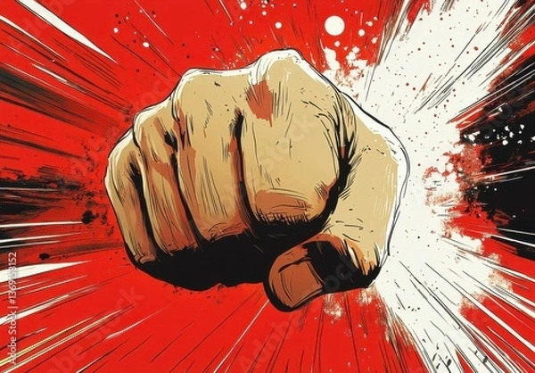 Fototapeta Powerful Fist Punching with Comic Style Radial Speed Lines in Red and White Background