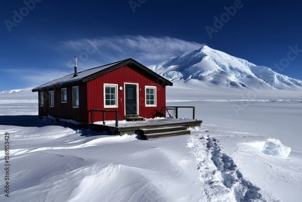 Fototapeta A small research station at the edge of a glacier, surrounded by snow and scientific equipment