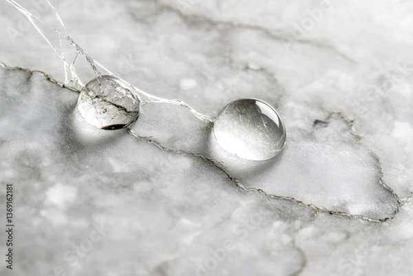 Obraz Two transparent spheres rest on a marble surface, connected by a delicate, web-like structure.