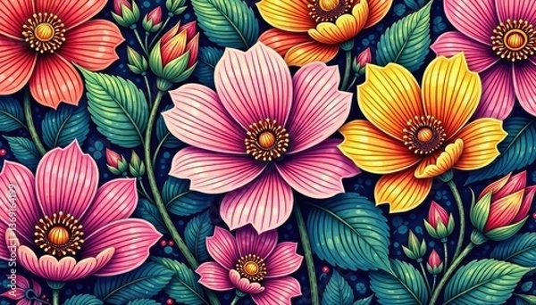 Fototapeta Intricate line art blossoms, dense repeating design , graphic, texture