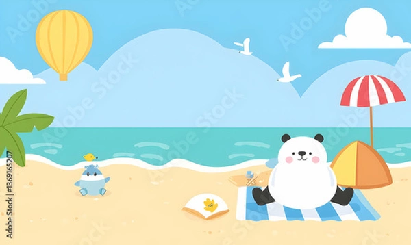 Fototapeta Cute Cartoon Bear Relaxing on Beach with Umbrella and Balloons