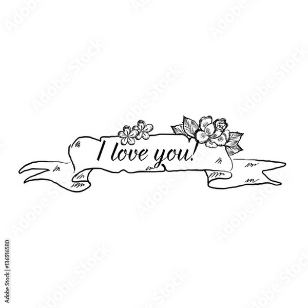 Obraz Hand drawn ribbon banner with phrase I love you isolated on white background