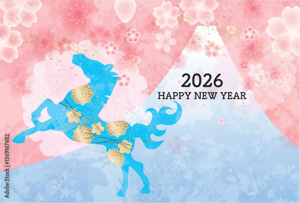 Fototapeta 午年, 年賀状, うま, 2026年, 年賀はがき, 干支, テンプレート, はがき, お正月, 正月, 馬年, 和風, 和柄, 爬虫類, 挿絵, 謹賀新年, 1月, 元旦, 元日, 新年, 冬, 新春, イラスト, ベクター, ペイント, 動物, 模様,日本