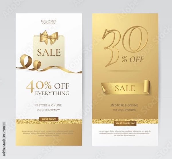 Obraz Set of elegant vertical banners with paper shopping bag, golden bow and ribbon. Vector templates for promotion design on the website with gold and white background. Isolated from the background.