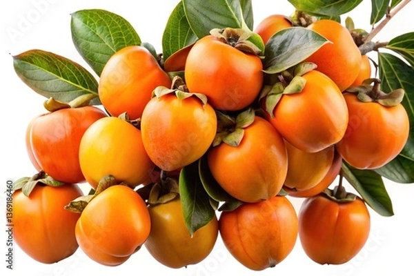 Obraz A Bunch of Ripe Orange Persimmons on a Branch with Lush Green Leaves