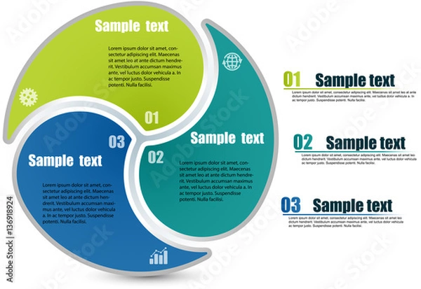 Fototapeta Circle infographic template with 3 steps. Parts of the chart  with icons and numbers. Titles and inscriptions steps separate in right side. For presentation and design concept. Vector illustration.	