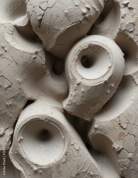 Fototapeta Abstract Clay Sculpture Textured Beige Ceramic Art Piece with Holes and Cracks