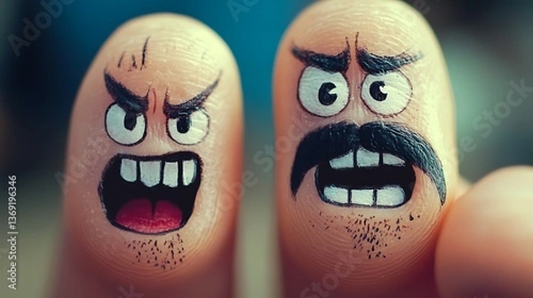 Obraz Creative finger art depicting humorous expressions with angry and surprised cartoon faces on blurred background