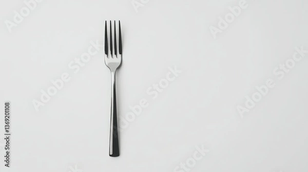 Fototapeta A single, sleek fork rests on a minimalist white background.
