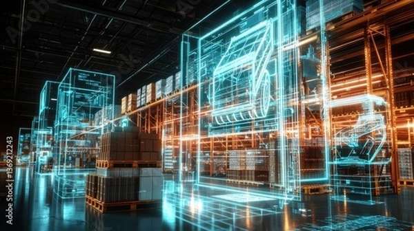 Fototapeta Futuristic technological infrastructure in a digital warehouse with servers network communication and data storage systems