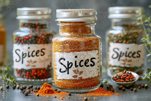 Obraz Assorted spices are stored in clear glass jars with rustic handwritten labels, surrounded by scattered herbs and peppercorns.