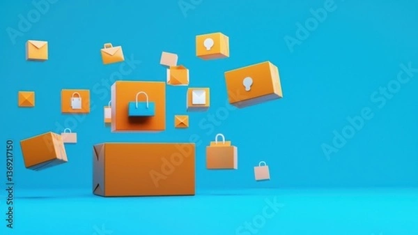 Fototapeta A vibrant scene featuring floating orange boxes with various icons against a blue background, suggesting themes of communication and security.