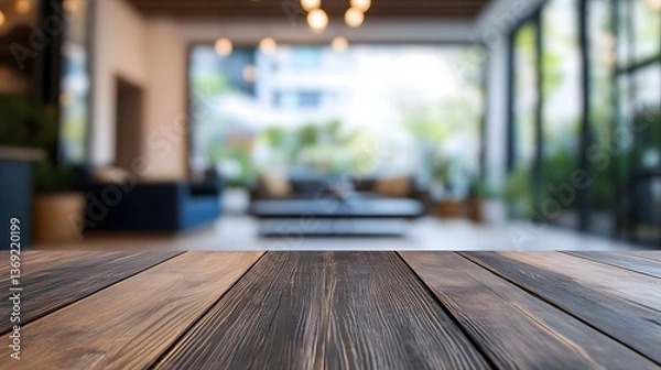 Fototapeta empty wooden surface with blurred living room background