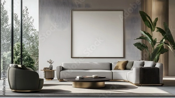 Fototapeta modern living room with white blank picture frame