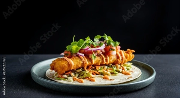Fototapeta Delicious crispy fish taco with vibrant slaw and fresh cilantro garnish on plate