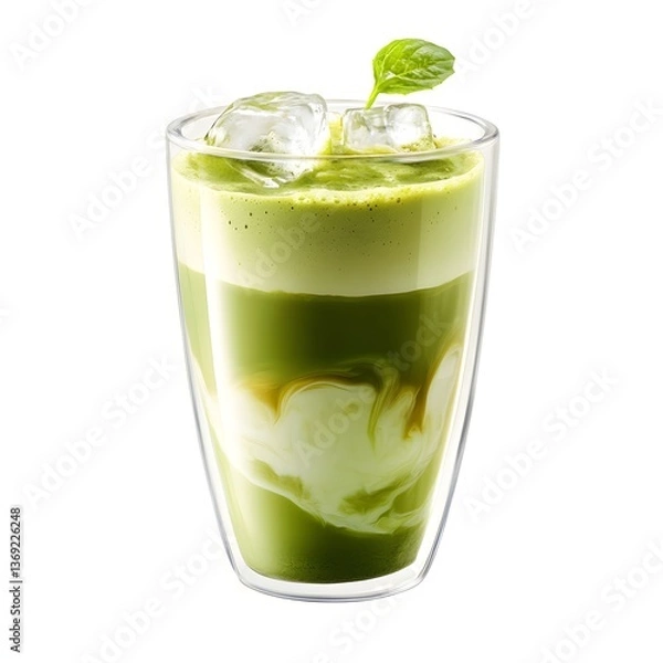 Obraz Vibrant green iced matcha coffee latte with rich layers and a creamy foam topping served in a transparent double walled glass tumbler