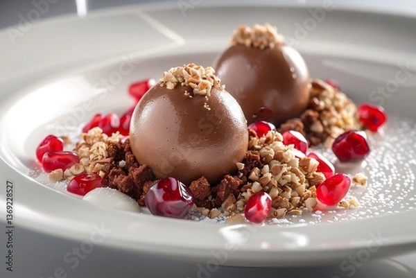 Obraz Georgian Lobio gourmet red bean pure in quenelle form, with fresh coriander oil, walnut crisp and pomegranate