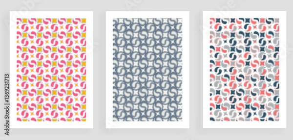 Fototapeta Retro geometric pattern background, vector abstract circle, triangle and square lines art. Yellow, blue, red and green color, trendy bauhaus pattern backgrounds set 