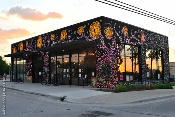 Obraz Modern Black Building with Pink and Orange Decorative Lights at Sunset