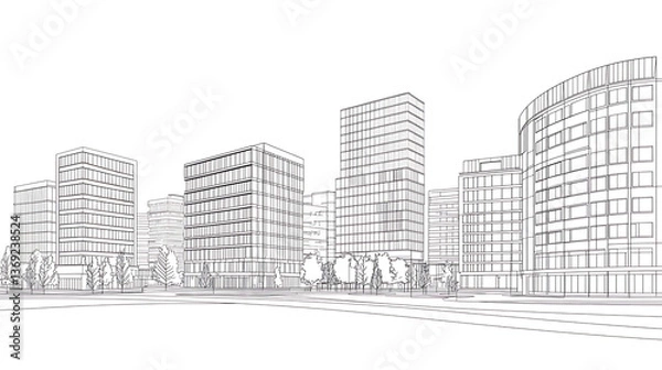 Fototapeta A city skyline with tall buildings and a park in the foreground