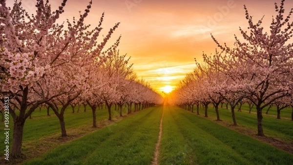Fototapeta A Blossom-Filled Orchard Under a Warm Sunset: Rows of Trees in Full Bloom Lead Towards a Golden Horizon.