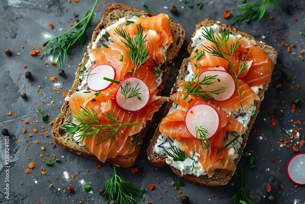 Fototapeta Danish Smrrebrd open faced rye bread with gravlax, dill sprigs, radish slices and horseradish cream, clean top down fine dining