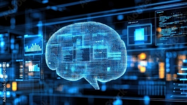 Fototapeta Digital brain illustration with data overlays and technology elements.