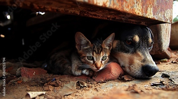 Fototapeta A dog and cat nestled together under a rusty metal structure