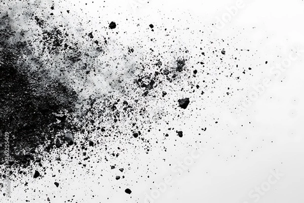 Obraz Black powder explosion on white background creating dynamic abstract texture and pattern