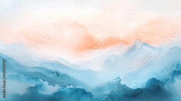 Fototapeta Soft pastel background with blurred watercolor texture in baby blue and peach.